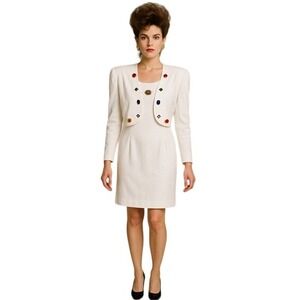 80s Coco Bianco White Sheath Dress With Bolero‎ Jacket With Jewel Tone Gemstones